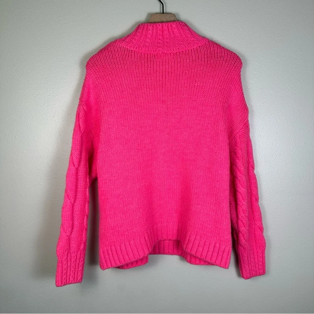 ANTHROPLOGIE Size Medium Vibrant Coquette Cable Knit Mock Neck Neon Pink Sweater